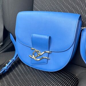 Alexis Bittar Vibrant Blue Twisted Saddle Crossbody Bag with Gold Detail